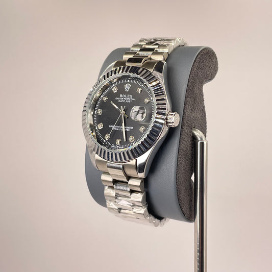 RLX MG 40MM - Silver Oyster Chain - Fluted Bezel Silver - Black