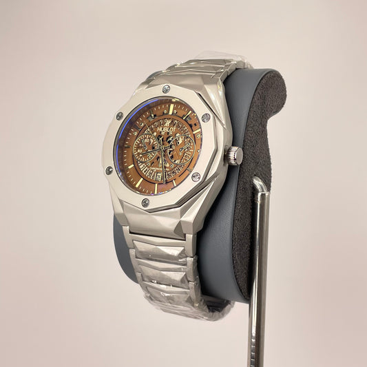 Hublot Premium Skeleton - Silver Diamond Cut Chain - Vintage Bronze Edition