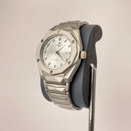 Hublot Premium Quartz - Silver Diamond Cut Chain - Diamond White Crystal Edition