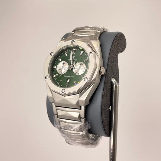 Hublot Premium Chronograph - Silver Diamond Cut Chain - Forest Green Edition