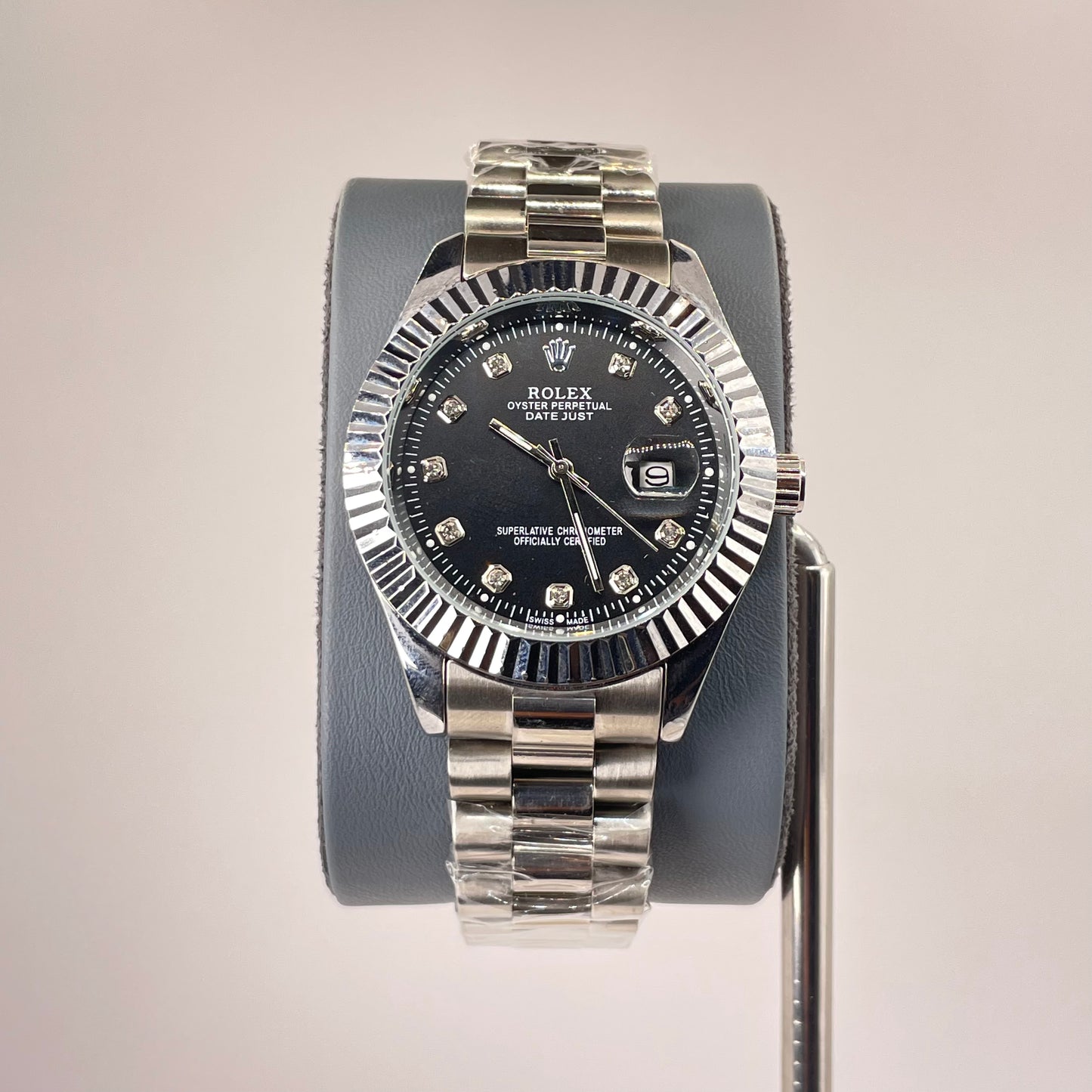 RLX MG 40MM - Silver Oyster Chain - Fluted Bezel Silver - Black