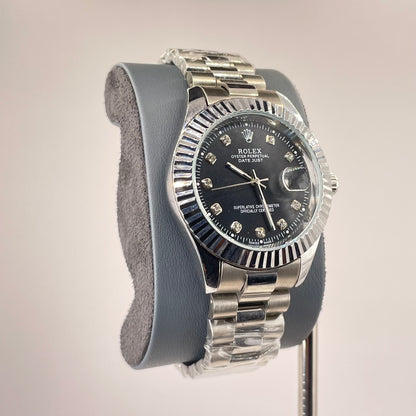 RLX MG 40MM - Silver Oyster Chain - Fluted Bezel Silver - Black