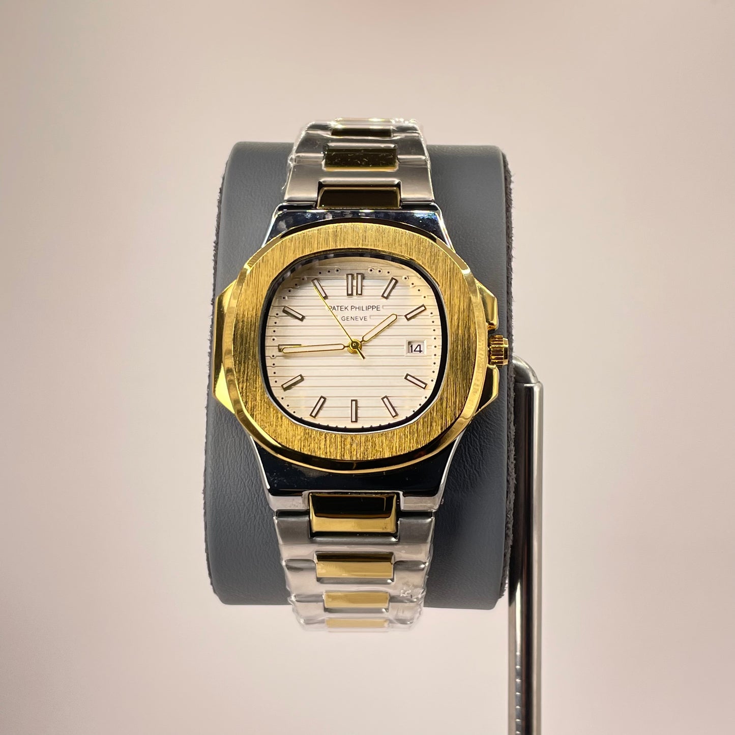 Patek P - Brushed Gold Bazel - Two Tone Nautilus Stainless Steel Chain - Crystal White Edition
