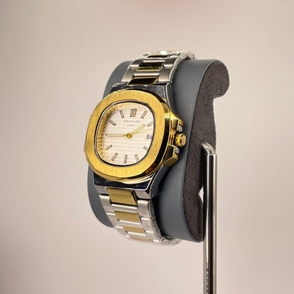 Patek P - Brushed Gold Bazel - Two Tone Nautilus Stainless Steel Chain - Crystal White Edition