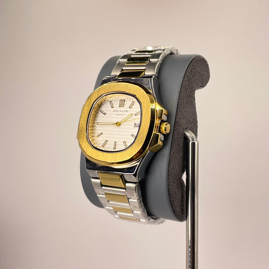 Patek P - Brushed Gold Bazel - Two Tone Nautilus Stainless Steel Chain - Crystal White Edition