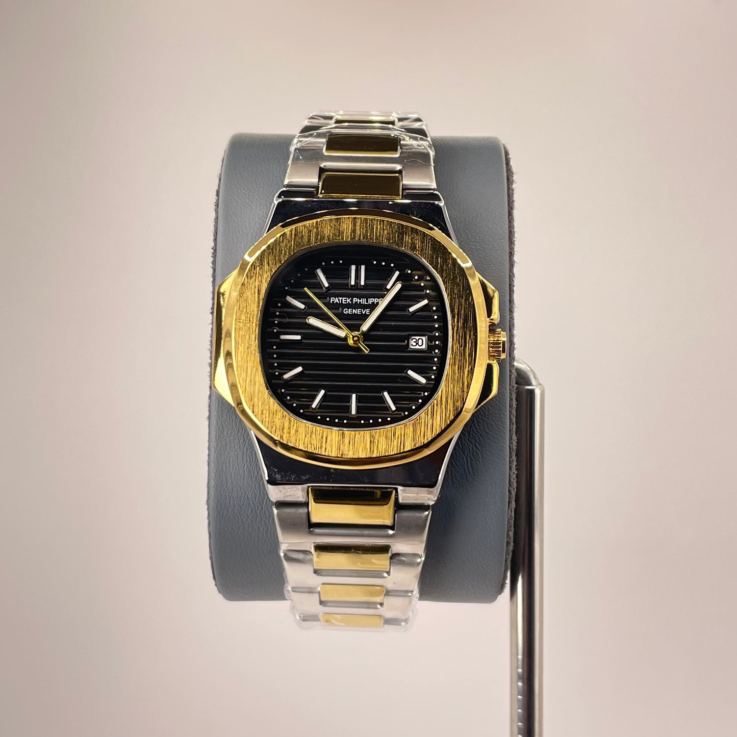 Patek P - Brushed Gold Bazel - Two Tone Nautilus Stainless Steel Chain - Black Edition