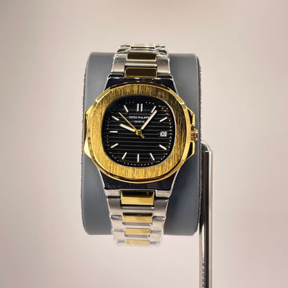 Patek P - Brushed Gold Bazel - Two Tone Nautilus Stainless Steel Chain - Black Edition