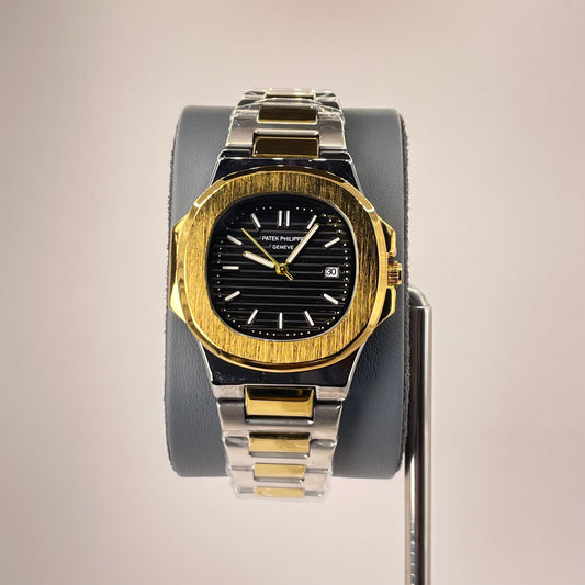 Patek P - Brushed Gold Bazel - Two Tone Nautilus Stainless Steel Chain - Black Edition