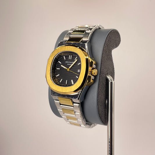 Patek P - Brushed Gold Bazel - Two Tone Nautilus Stainless Steel Chain - Black Edition