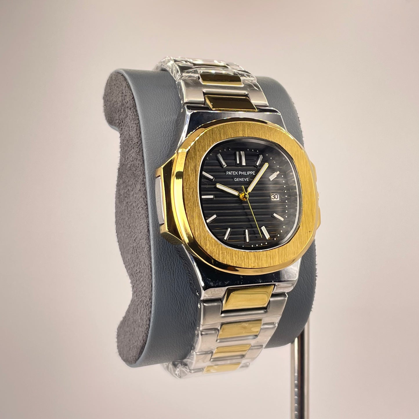 Patek P - Brushed Gold Bazel - Two Tone Nautilus Stainless Steel Chain - Black Edition
