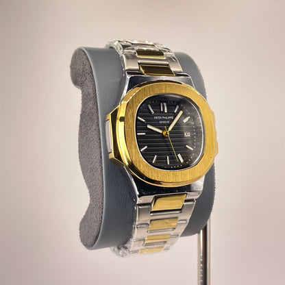 Patek P - Brushed Gold Bazel - Two Tone Nautilus Stainless Steel Chain - Black Edition
