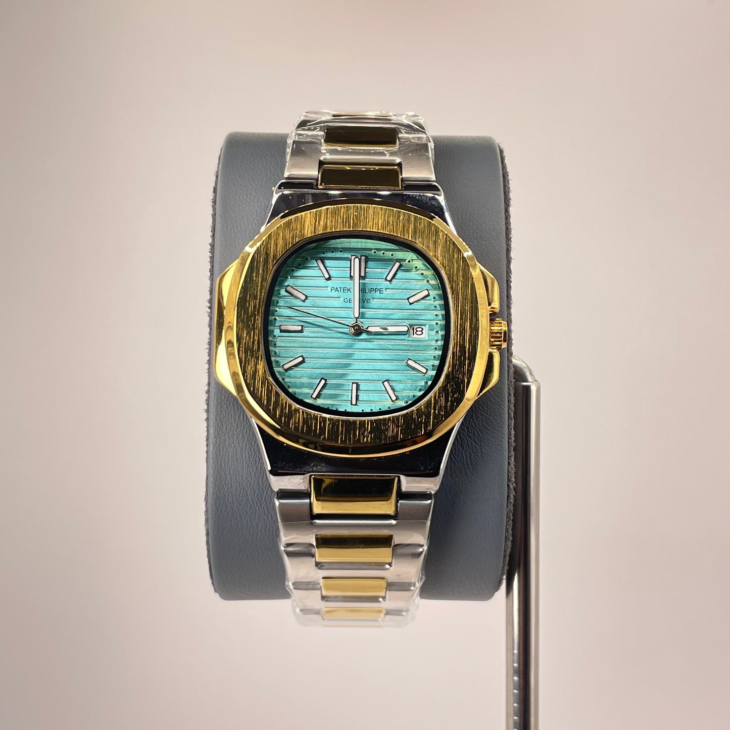Patek P - Brushed Gold Bazel - Two Tone Nautilus Stainless Steel Chain - Tiffany Blue Edition