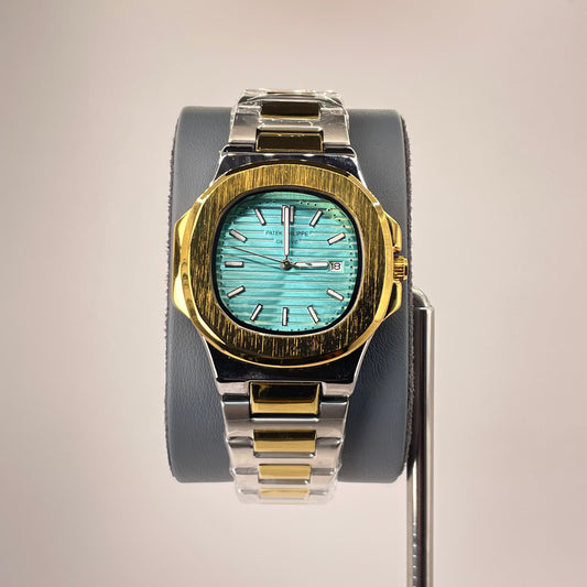 Patek P - Brushed Gold Bazel - Two Tone Nautilus Stainless Steel Chain - Tiffany Blue Edition