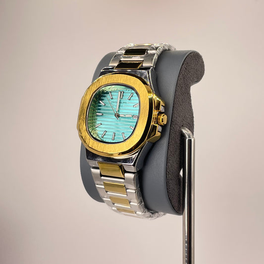 Patek P - Brushed Gold Bazel - Two Tone Nautilus Stainless Steel Chain - Tiffany Blue Edition