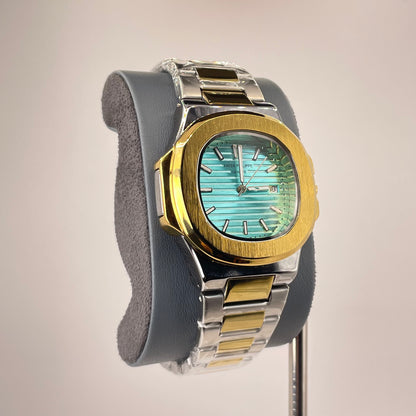 Patek P - Brushed Gold Bazel - Two Tone Nautilus Stainless Steel Chain - Tiffany Blue Edition