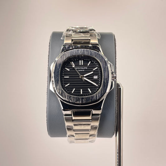 Patek P - Brushed Silver Bazel - Nautilus Silver Stainless Steel Chain - Black Edition