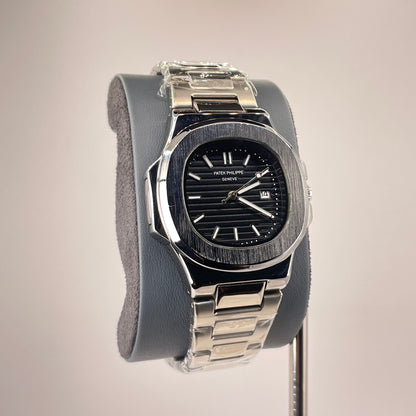 Patek P - Brushed Silver Bazel - Nautilus Silver Stainless Steel Chain - Black Edition