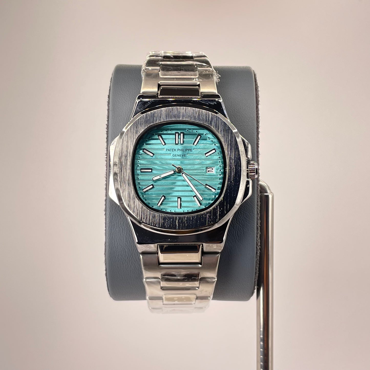 Patek P - Brushed Silver Bazel - Nautilus Silver Stainless Steel Chain - Tiffany Blue Edition