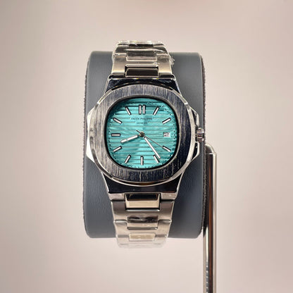 Patek P - Brushed Silver Bazel - Nautilus Silver Stainless Steel Chain - Tiffany Blue Edition