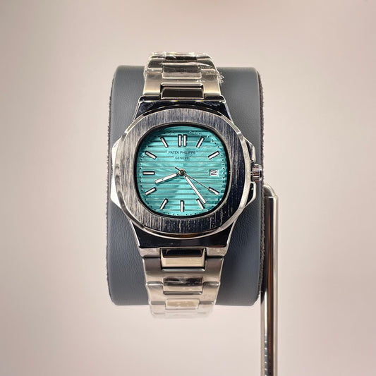 Patek P - Brushed Silver Bazel - Nautilus Silver Stainless Steel Chain - Tiffany Blue Edition
