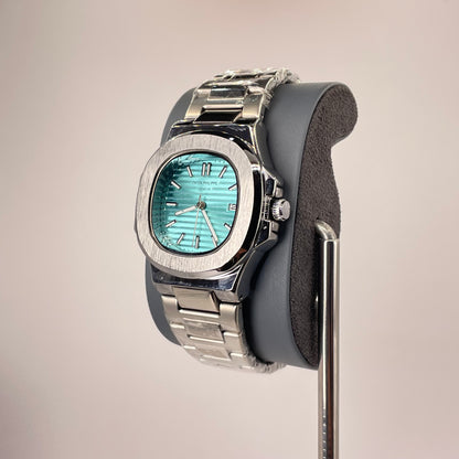 Patek P - Brushed Silver Bazel - Nautilus Silver Stainless Steel Chain - Tiffany Blue Edition