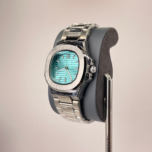 Patek P - Brushed Silver Bazel - Nautilus Silver Stainless Steel Chain - Tiffany Blue Edition