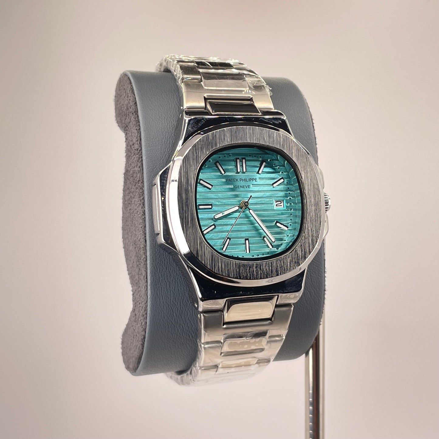 Patek P - Brushed Silver Bazel - Nautilus Silver Stainless Steel Chain - Tiffany Blue Edition