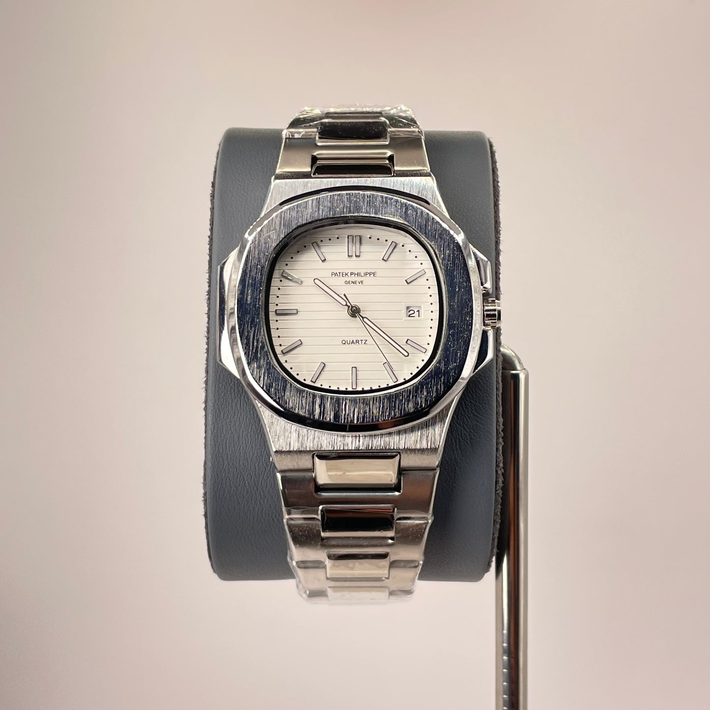 Patek P - Brushed Silver Bazel - Nautilus Silver Stainless Steel Chain - White Edition