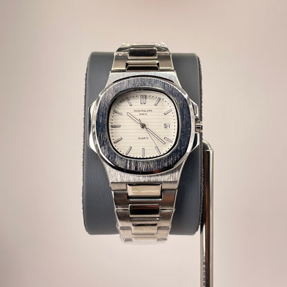 Patek P - Brushed Silver Bazel - Nautilus Silver Stainless Steel Chain - White Edition