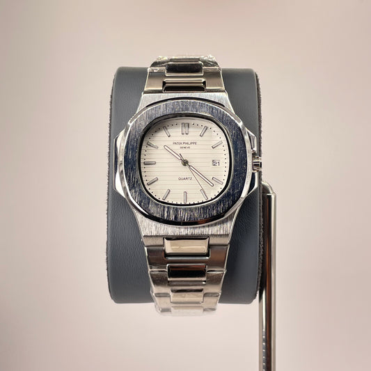 Patek P - Brushed Silver Bazel - Nautilus Silver Stainless Steel Chain - White Edition