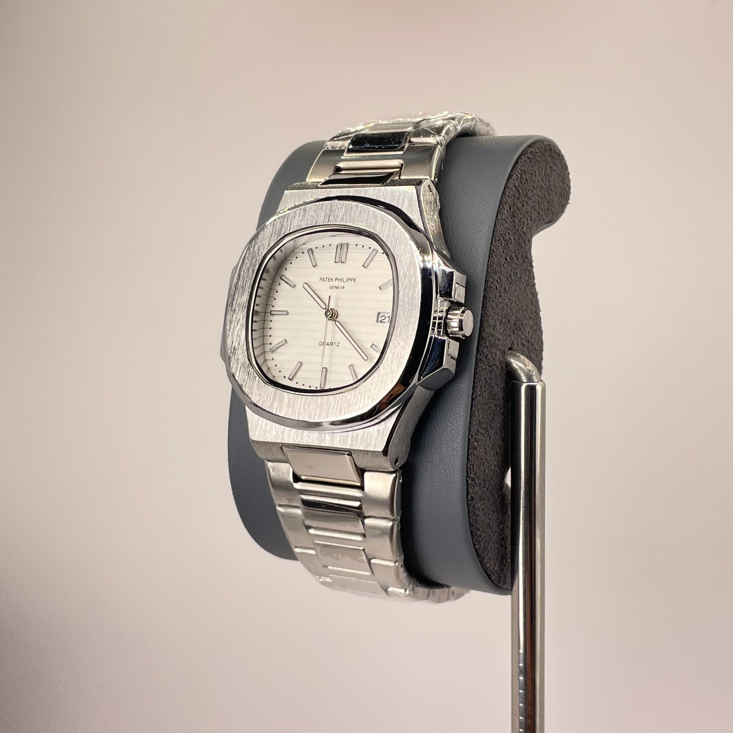 Patek P - Brushed Silver Bazel - Nautilus Silver Stainless Steel Chain - White Edition