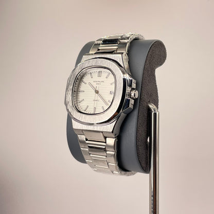 Patek P - Brushed Silver Bazel - Nautilus Silver Stainless Steel Chain - White Edition