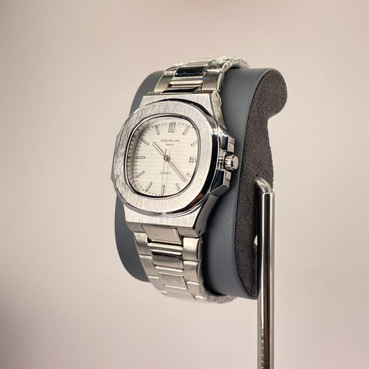 Patek P - Brushed Silver Bazel - Nautilus Silver Stainless Steel Chain - White Edition