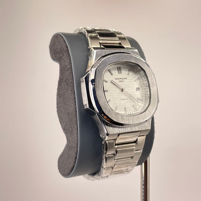 Patek P - Brushed Silver Bazel - Nautilus Silver Stainless Steel Chain - White Edition