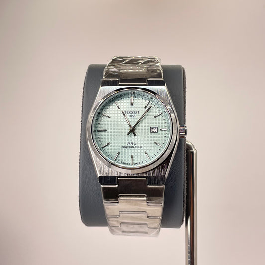 Tissot PRX - Semi Automatic - Rounded Bazel - Stainless Steel Chain - Ice Blue Waffle Edition