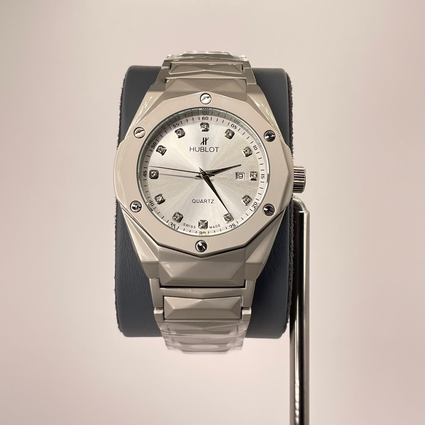 Hublot Premium Quartz - Silver Diamond Cut Chain - Diamond White Crystal Edition