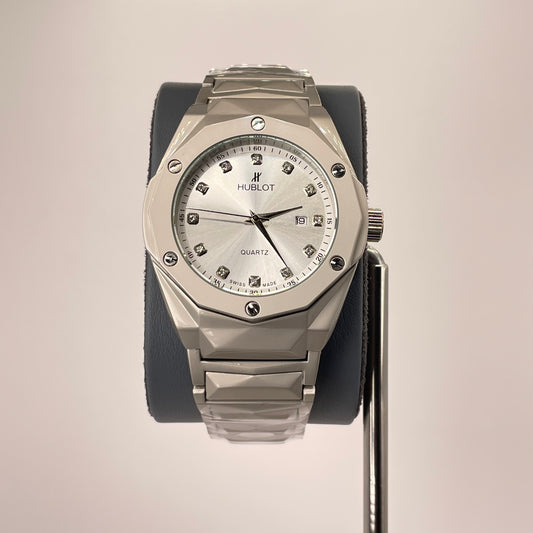 Hublot Premium Quartz - Silver Diamond Cut Chain - Diamond White Crystal Edition
