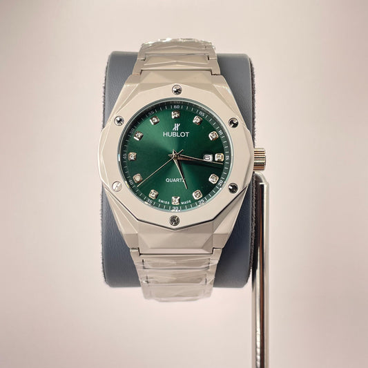 Hublot Premium Quartz - Silver Diamond Cut Chain - Forest Green Edition