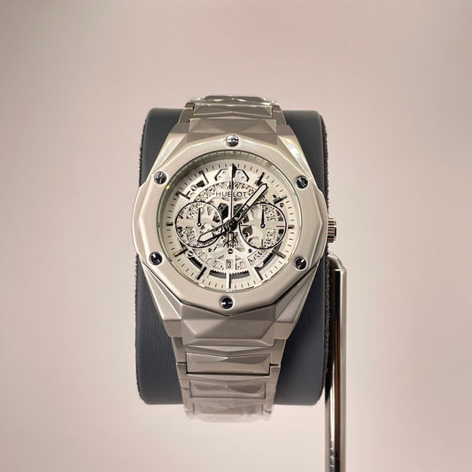 Hublot Premium Skeleton - Silver Diamond Cut Chain -  Crystal Silver Edition