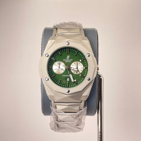 Hublot Premium Chronograph - Silver Diamond Cut Chain - Forest Green Edition