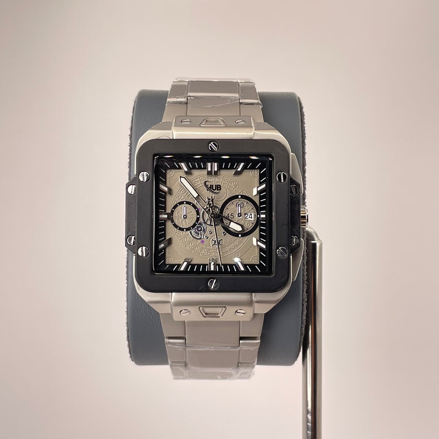 Hublot Santos Inspired Chronograph - Integrated Stainless Steel Chain - Silver Black Edition