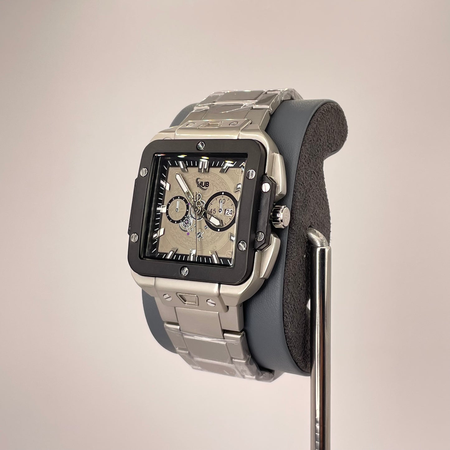 Hublot Santos Inspired Chronograph - Integrated Stainless Steel Chain - Silver Black Edition