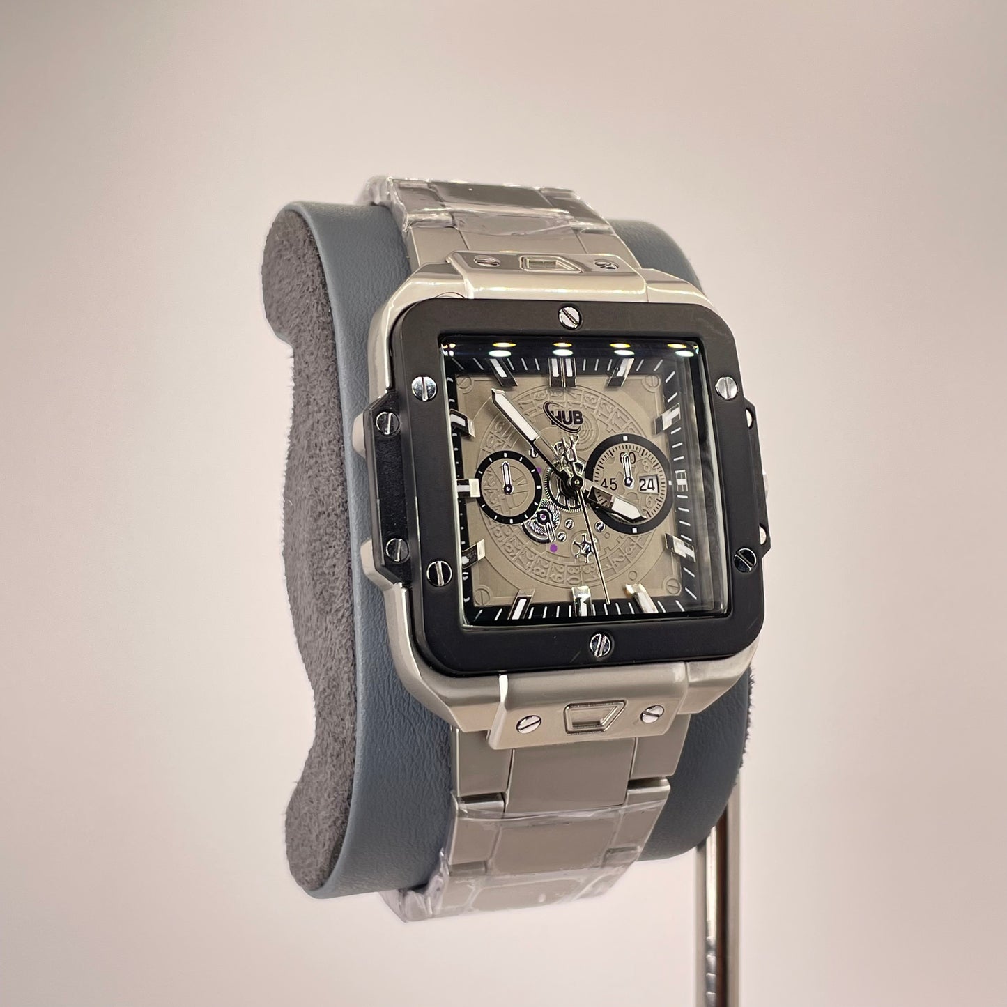 Hublot Santos Inspired Chronograph - Integrated Stainless Steel Chain - Silver Black Edition