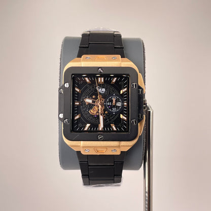 Hublot Santos Inspired Skeleton Chronograph - Integrated Stainless Steel Chain - Rose Gold Black Edition