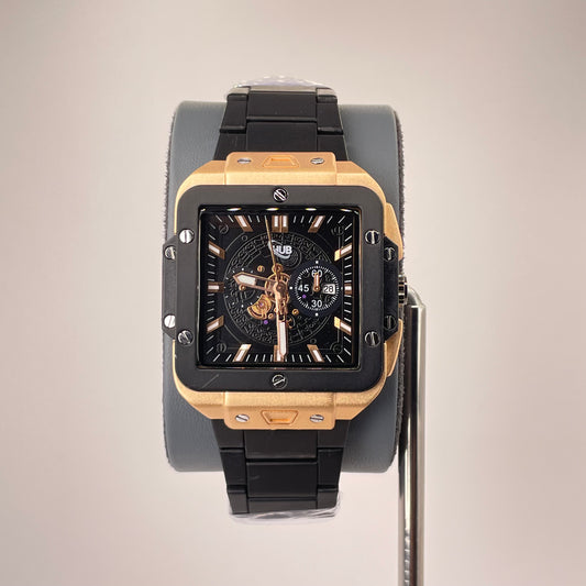 Hublot Santos Inspired Skeleton Chronograph - Integrated Stainless Steel Chain - Rose Gold Black Edition