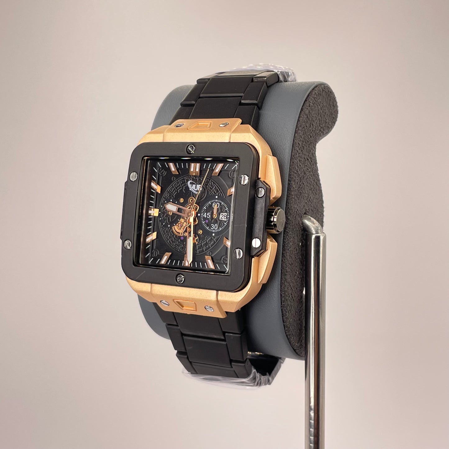 Hublot Santos Inspired Skeleton Chronograph - Integrated Stainless Steel Chain - Rose Gold Black Edition
