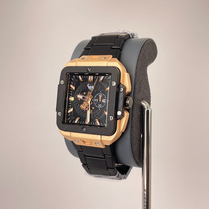 Hublot Santos Inspired Skeleton Chronograph - Integrated Stainless Steel Chain - Rose Gold Black Edition