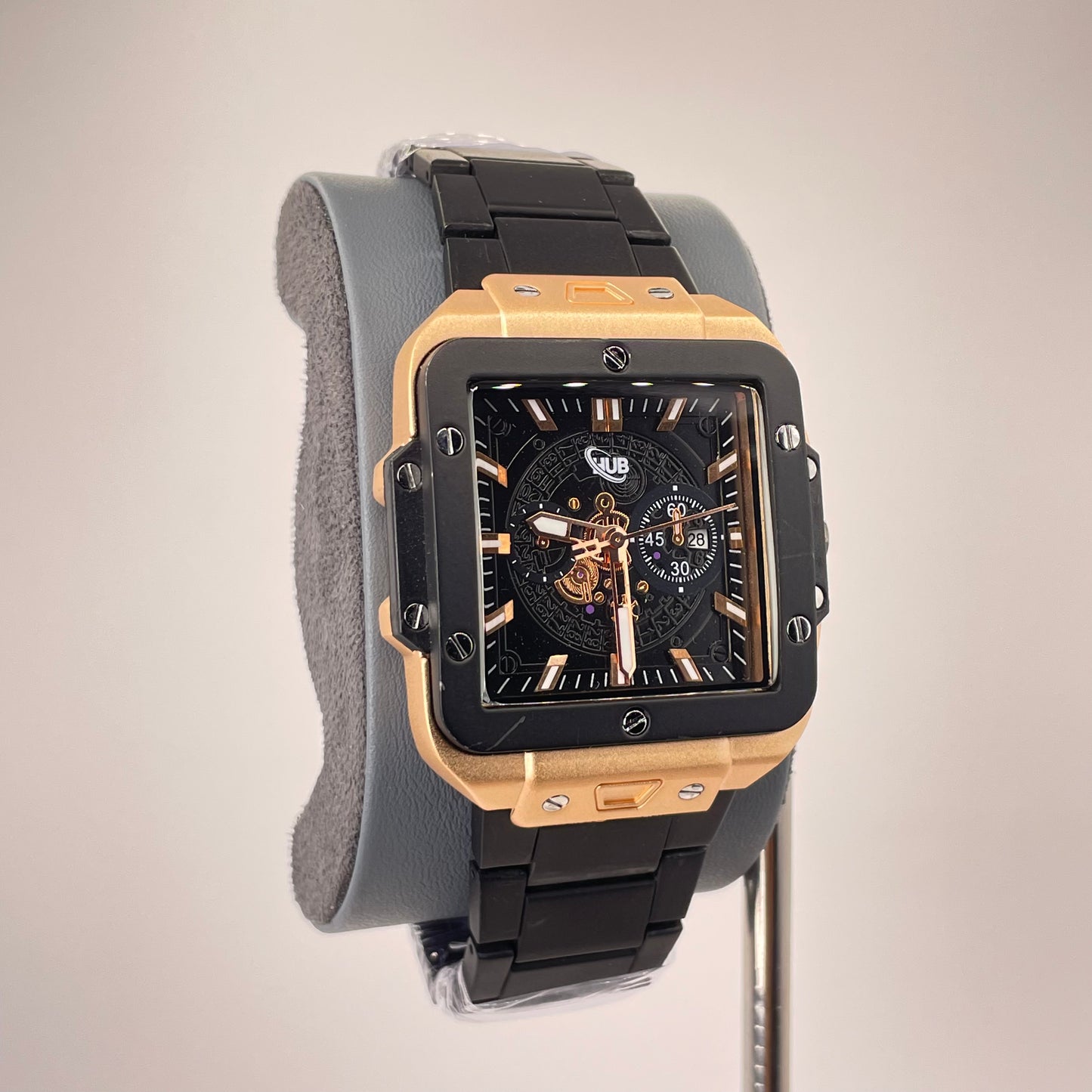 Hublot Santos Inspired Skeleton Chronograph - Integrated Stainless Steel Chain - Rose Gold Black Edition