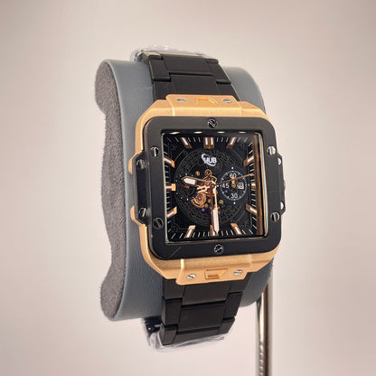 Hublot Santos Inspired Skeleton Chronograph - Integrated Stainless Steel Chain - Rose Gold Black Edition
