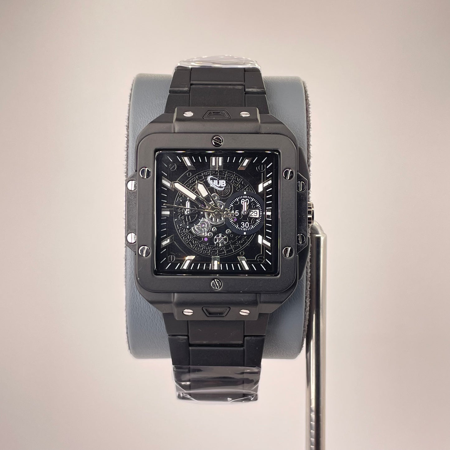 Hublot Santos Inspired Skeleton Chronograph - Integrated Stainless Steel Chain - Full Black Edition